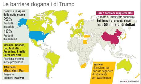 Nell'infografica realizzata da Centimetri le barriere doganali di Donald Trump © ANSA