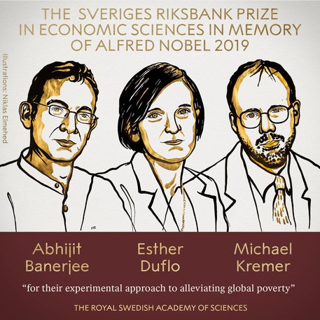 Nobel Economia 2019 a Abhijit Banerjee, Esther Duflo e Michael Kremer © Ansa