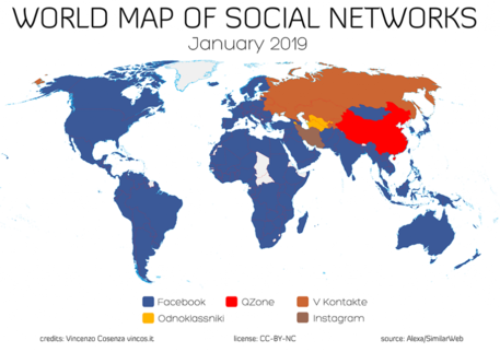 Mappa mondiale social media, Facebook prende utenti a social ex Urss (Credit: Vincos.it) © Ansa