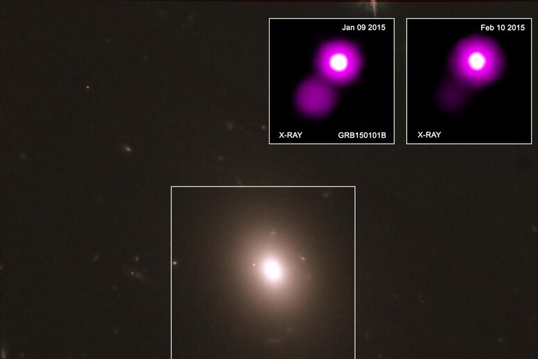 L 'oggetto GRB150101, primo parente della collisione di stelle di neutroni osservata nel 2017. Al centro la galassia in cui è stato osservato, nel riquadro a sinistra il lampo di raggi X e a destra l 'emissione scomparsa (fonte: NASA/CXC) - RIPRODUZIONE RISERVATA