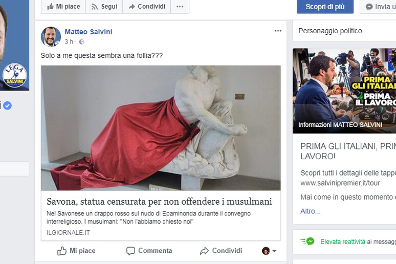 Il post di Matteo Salvini sulla statua - RIPRODUZIONE RISERVATA