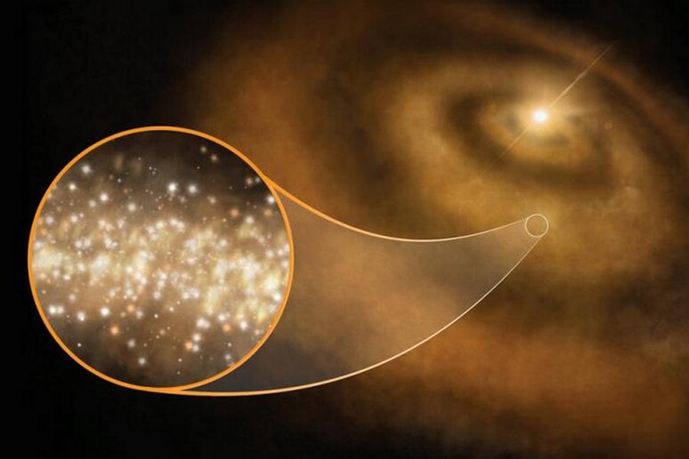 Rappresentazione artistica di nanodiamanti nel disco di polveri e gas che ruota intorno a una stella e dal quale nascerà un sistema planetario (fonte: S. Dagnello, NRAO/AUI/NSF) - RIPRODUZIONE RISERVATA