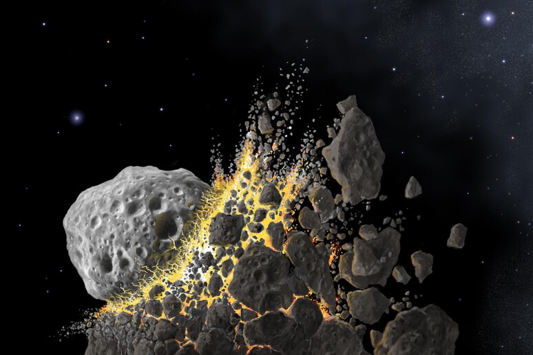 Rappresentazione artistica di un impatto fra due corpi celesti, simile a quello che ha mandato in fratumi i piccoli pianeti dai quali sono nati gli asteroidi (fonte: Don Davis) - RIPRODUZIONE RISERVATA