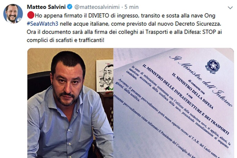 Salvini su Twitter - RIPRODUZIONE RISERVATA