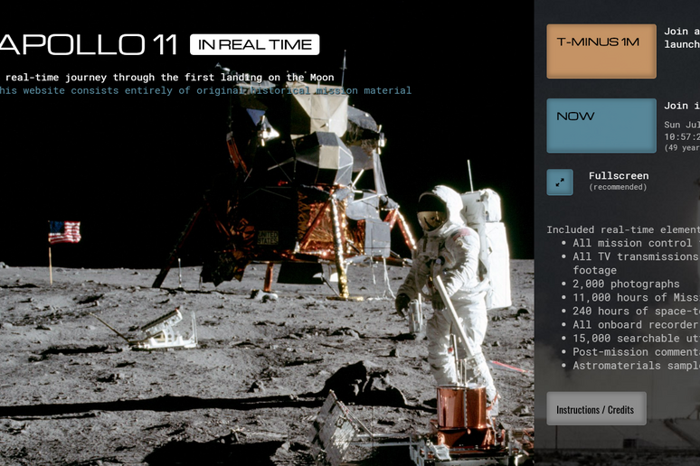 La home page del sito che ha ricostruito la missione dell 'Apollo 11 in tempo reale (fonte: Ben Feist/Nasa) - RIPRODUZIONE RISERVATA