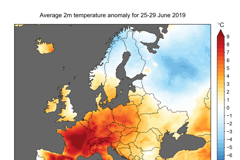 Mappa delle temperature anomale stimate dai dati satellitari del programma europeo Copernicus per il periodo fra il 25 e il 29 giugno (fonte: ECMWF, Copernicus Climate Change Service) - RIPRODUZIONE RISERVATA
