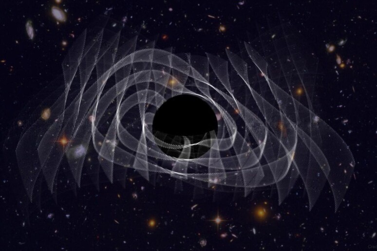 Rappresentazione artistica del buco nero generato dalla collisione tra due buchi neri più piccoli (fonte: Maximiliano Isi/MIT) - RIPRODUZIONE RISERVATA