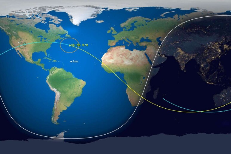 Traccia dell 'orbita finale del frammento del razzo cinese Lunga Marcia 5B che si è distrutto nell 'atmosfera in corrispondenza dell 'oceano Atlantico (fonte: Aerospace Corp) - RIPRODUZIONE RISERVATA