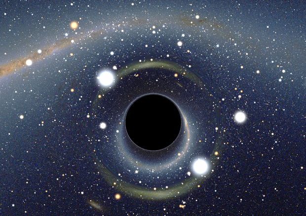 Rappresentazione grafica di un buco nero davanti alla Grande Nube di Magellano © Ansa