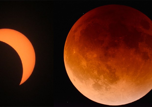 Da sinistra: eclissi parziale di Sole fotografata nel 2017 dal Wyoming (fonte: O'Dea da Wikipedia), eclissi totale di Luna (fonte: Pixabay) © Ansa