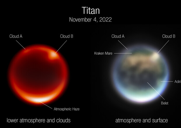 Le immagini di Titano riprese dallo strumento NIRCam il 4 novembre (fonte: NASA, ESA, CSA, A. Pagan STScI - Webb Titan GTO Team) © Ansa