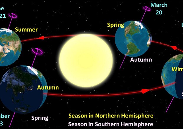 Rappresentazione schematica dell'alternarsi di equinozi e solstizi (fonte: auʻolunga, Public Domain, da Wikipedia) © Ansa