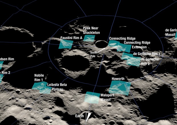 La mappa completa della 13 regioni del Polo Sud  lunare nelle quali potrebbero tornare  gli astronauti (fonte: NASA) © Ansa