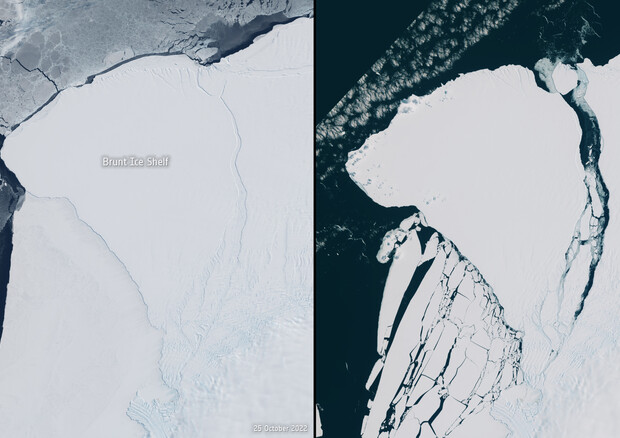 La piattaforma di ghiaccio Brunt prima e dopo il distacco dell'iceberg (fonte: modified Copernicus Sentinel data (2022-23), processed by ESA, CC BY-SA 3.0 IGO) © Ansa
