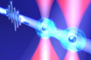 Rappresentazione artistica di due atomi di rubidio raffreddati quasi fino allo zero assoluto e manipolati con un impulso di luce laser di 10 picosecondi (fonte: Dr. Takafumi Tomita/IMS) (ANSA)