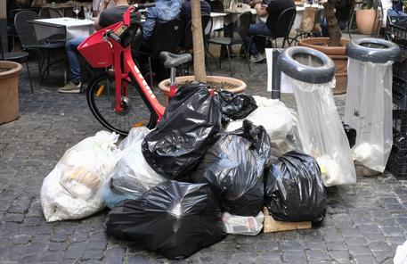 Rifiuti raccolti in sacchi di plastica vicino alla Fontana di Trevi © ANSA