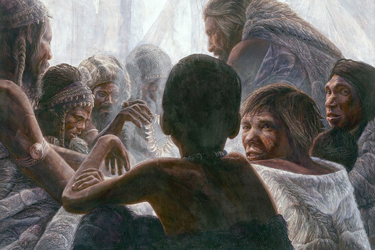 Rappresentazione artistica Sapiens e Neanderthal rannicchiati insieme all'interno di una grotta. KENNIS &amp; KENNIS/MSF/SCIENCE SOURCE