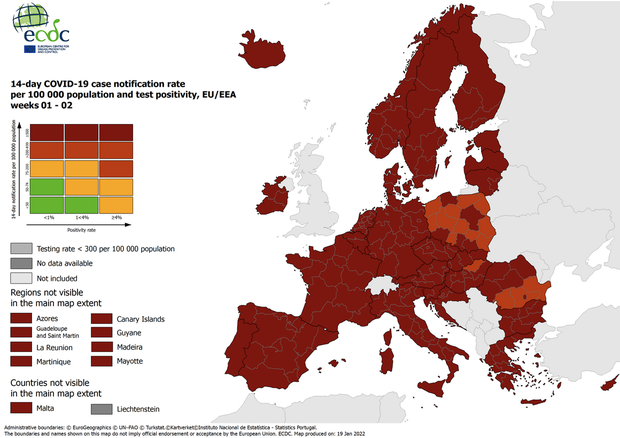 La mappa Ecdc conferma tutta l'Italia in rosso scuro (foto: Ansa)