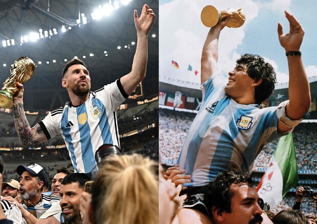 Leo Messi e Diego Armando Maradona festeggiano per la Coppa del Mondo (foto: AFP)