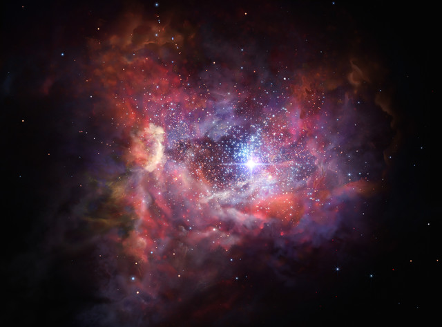 Rappresentazione artistica della giovane galassia A2744_YD4, ricca di polveri, potrebbe aiutare a capire la nascita e la morte delle prime stelle dell'universo (fonte: ESO/M. Kornmesser)