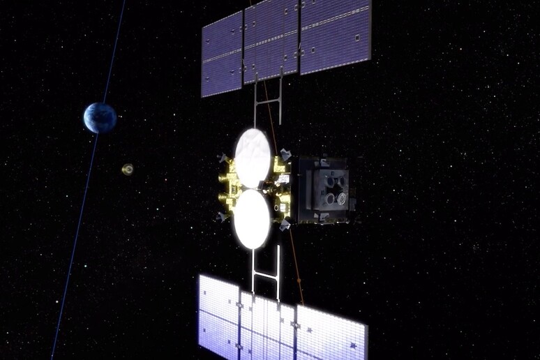 Rappresentazione artistica della sonda Hayabusa 2, che ha appena rilasciato la capsula di rientro con i campioni dell 'asteroide (fonte: JAXA) - RIPRODUZIONE RISERVATA
