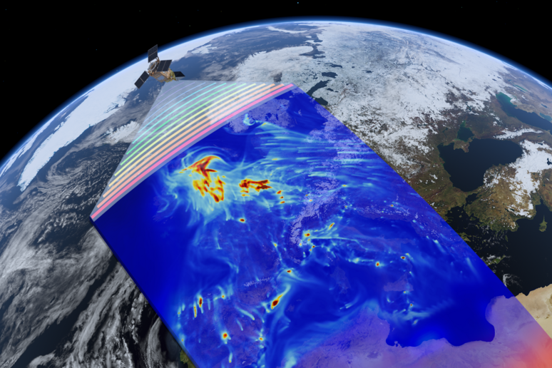 Rappresentazione artistica del satellite Sentinel 5P al lavoro per rilevare gli inquinanti nell 'atmosfera (fonte: ESA/ATG medialab) - RIPRODUZIONE RISERVATA