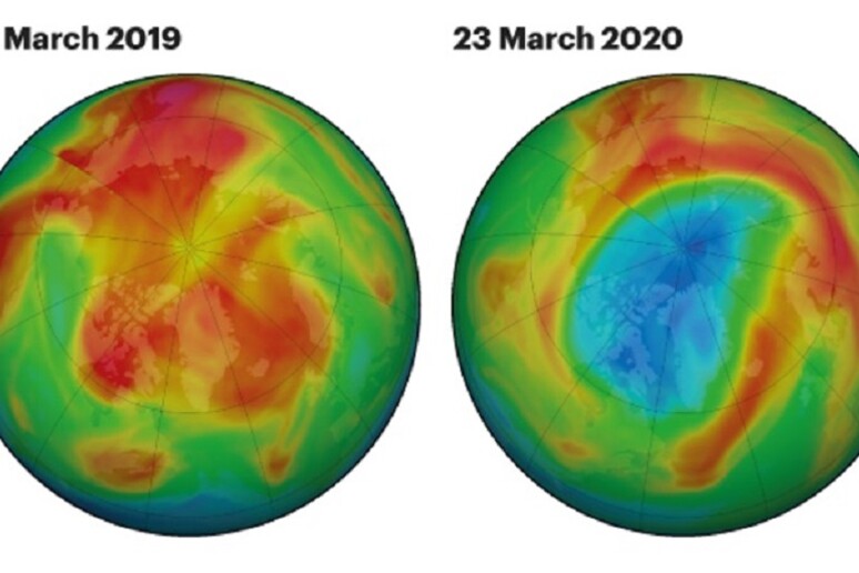 n blu l’estensione del buco dell’ozono da record sull’Artico, grande circa tre volte la Groenlandia (fonte: NASA Ozone Watch) - RIPRODUZIONE RISERVATA