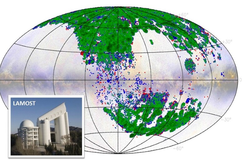 La distribuzione nel cielo delle 90.000 galassie osservate grazie al telescopio Lamost. (fonte: N. R. Napolitano/R. Li) - RIPRODUZIONE RISERVATA