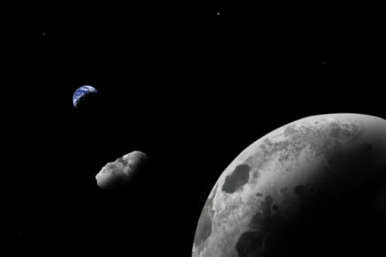 Rappresentazione artistica del quasi-satellite della Terra Kamo`oalewa. Potrebbe essere un frammento della Luna (fonte: Addy Graham/University of Arizona) - RIPRODUZIONE RISERVATA
