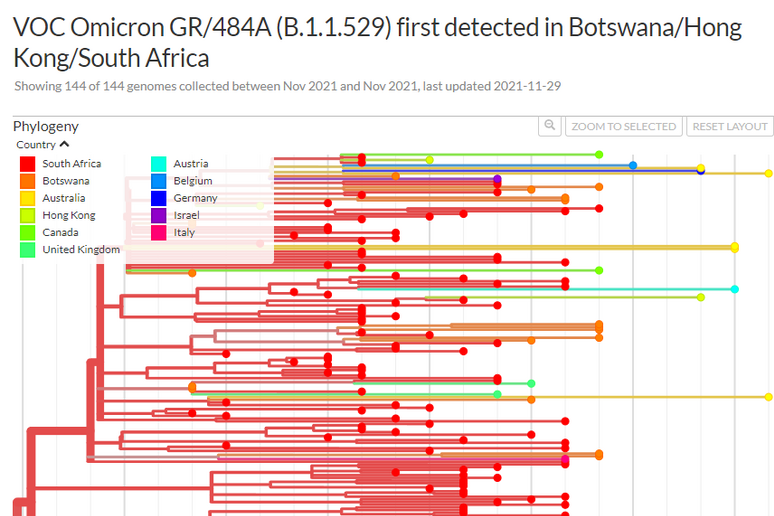Mappa delle sequenze genetiche della variante Omicron finora registrate nella banca dati internazionale Gisaid (fonte: GISAID) - RIPRODUZIONE RISERVATA