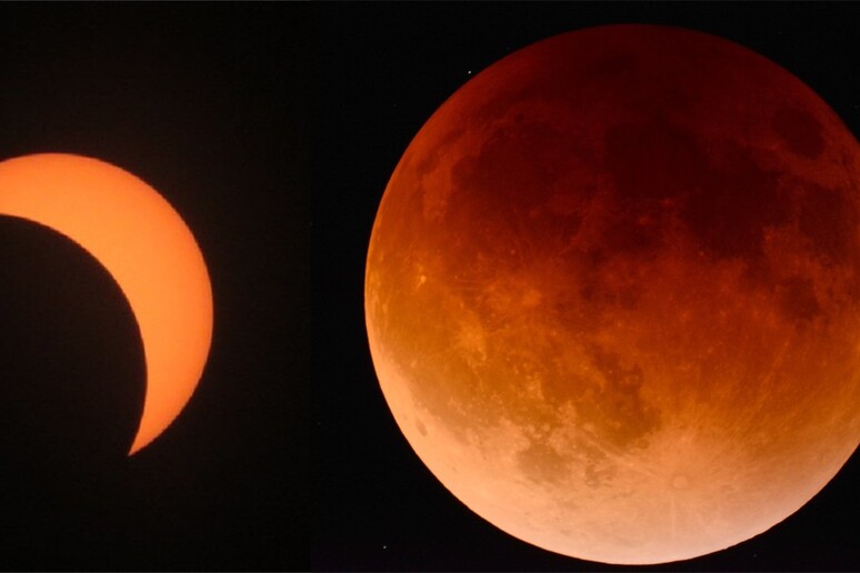 Da sinistra: eclissi parziale di Sole fotografata nel 2017 dal Wyoming (fonte: O 'Dea da Wikipedia), eclissi totale di Luna (fonte: Pixabay) - RIPRODUZIONE RISERVATA