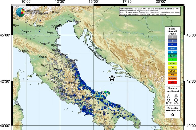 Localizzazione del terremoto di magnitudo 5.6  del 27 marzo, percepita lungo tutta la costa adriatica (fonte: INGV) - RIPRODUZIONE RISERVATA