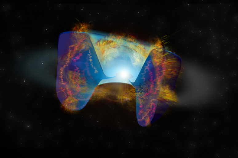 Rappresentazione artistica dei detriti dell 'esplosione della prima supernova nata da una collisione (fonte: Bill Saxton, NRAO/AUI/NSF) - RIPRODUZIONE RISERVATA