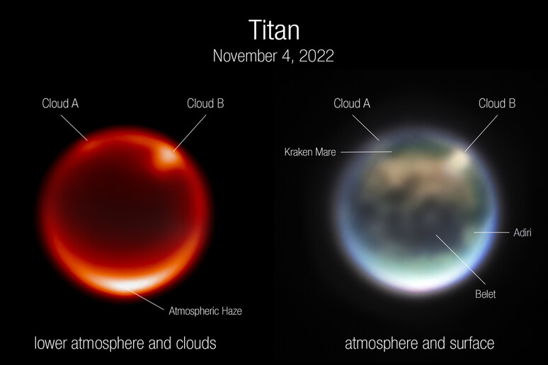 Le immagini di Titano riprese dallo strumento NIRCam il 4 novembre (fonte: NASA, ESA, CSA, A. Pagan STScI - Webb Titan GTO Team) - RIPRODUZIONE RISERVATA