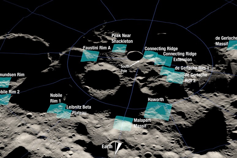 La mappa completa della 13 regioni del Polo Sud  lunare nelle quali potrebbero tornare  gli astronauti (fonte: NASA) - RIPRODUZIONE RISERVATA