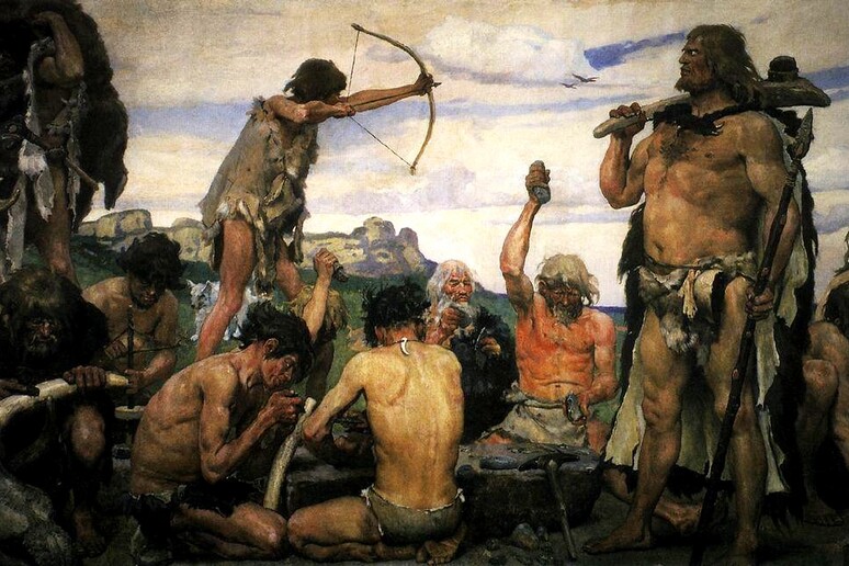 Rappresentazione artistica di guerrieri del Neolitico (fonte: Picryl) - RIPRODUZIONE RISERVATA